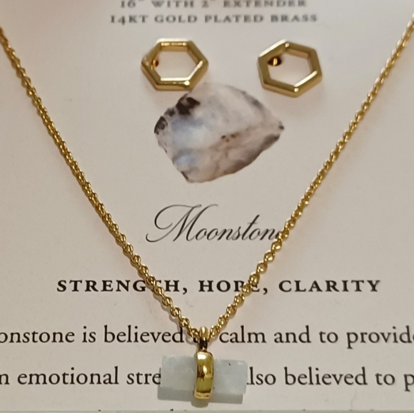 2 PC LUNA NORTE 14K GP HEXAGON EARRINGS & NECKLACES WITH MOONSTONE GEMSTONE - Picture 9 of 12